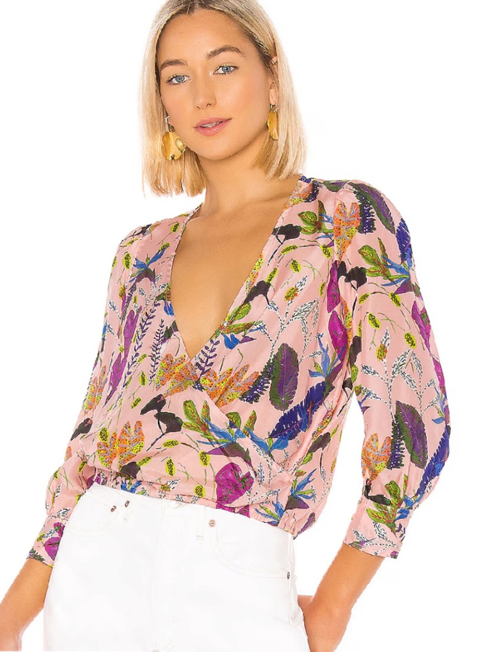 REVOLVE Tanya Taylor Gylda Silk Blouse in Jungle Leaves & Nude